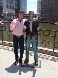 Scot and the Bronze Fonze on the Riverwalk in Milwaukee